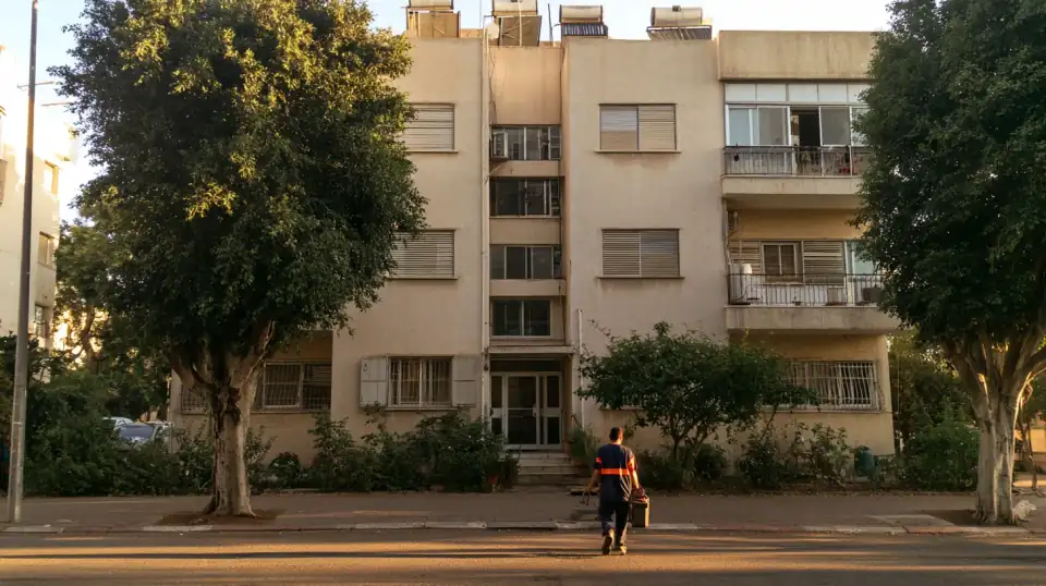 אינסטלטור עם ארגז כלים בדרך לבניין מגורים ותיק