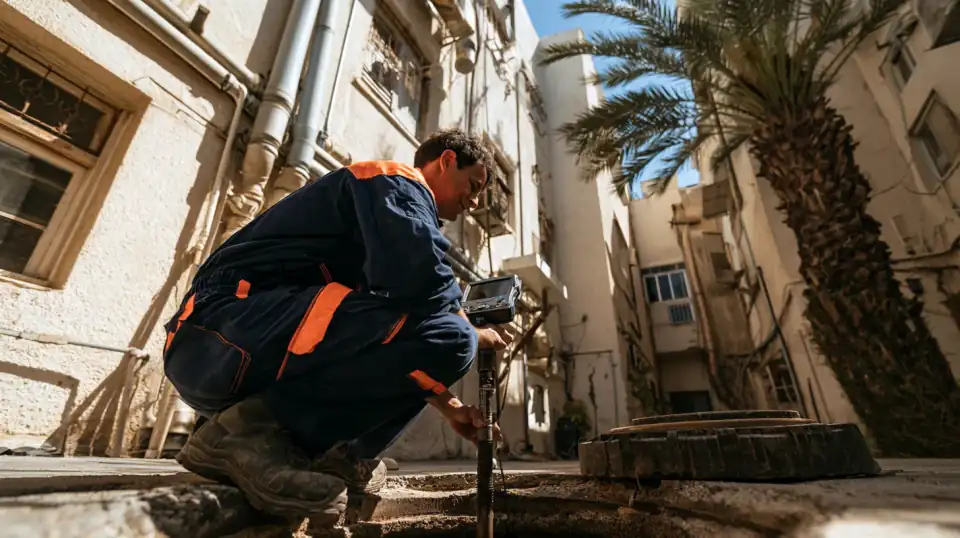 אינסטלטור ליד שוחת ביוב פתוחה בחצר בניין, עם מצלמת צנרת