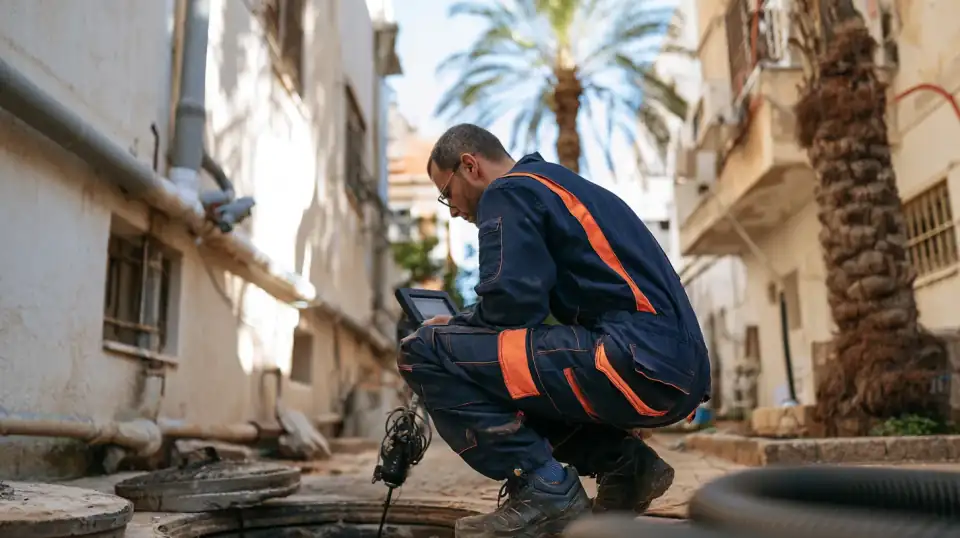 אינסטלטור ליד שוחת ביוב פתוחה בחצר בניין, עם מצלמת צנרת