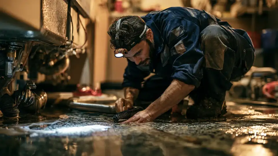 אינסטלטור עם פנס ראש מתקן צינור שהתפוצץ במטבח מוצף בלילה