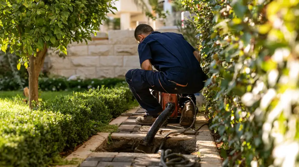 אינסטלטור פותח סתימה בשוחת ביוב בחצר של בית פרטי עם ספירלה חשמלית