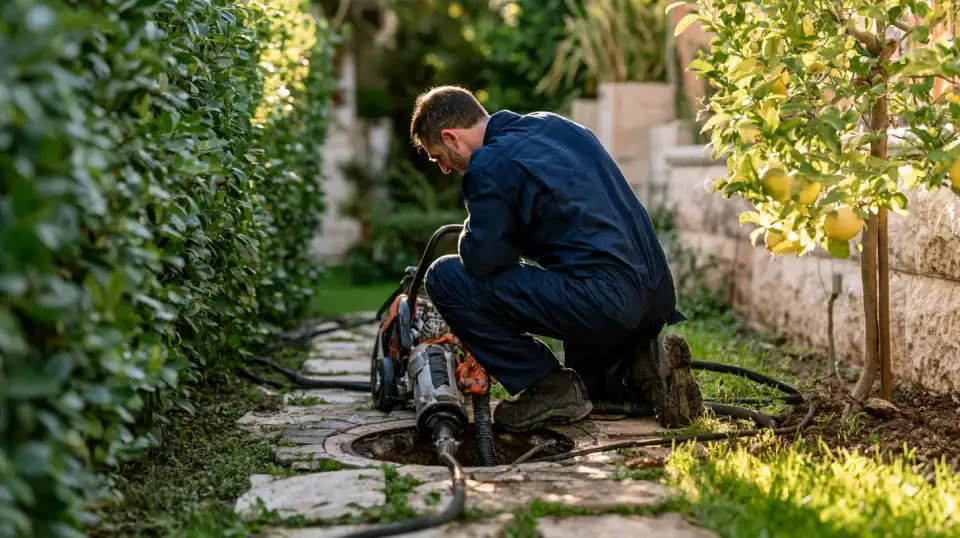 אינסטלטור פותח סתימה בשוחת ביוב בחצר של בית פרטי עם ספירלה חשמלית
