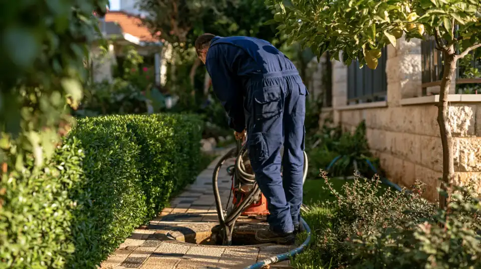 אינסטלטור פותח סתימה בשוחת ביוב בחצר של בית פרטי עם ספירלה חשמלית