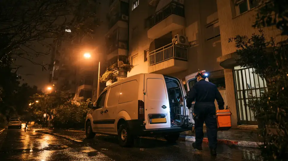 רכב שירות של אינסטלטור בלילה מול בניין מגורים