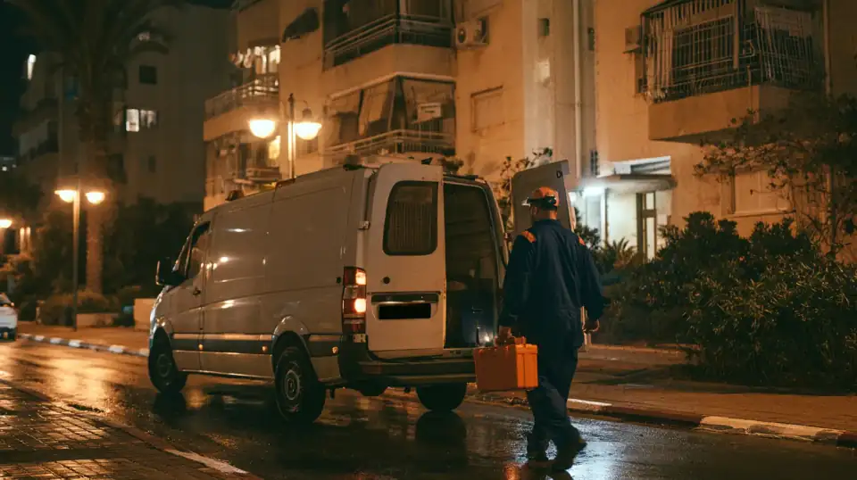 רכב שירות של אינסטלטור בלילה מול בניין מגורים
