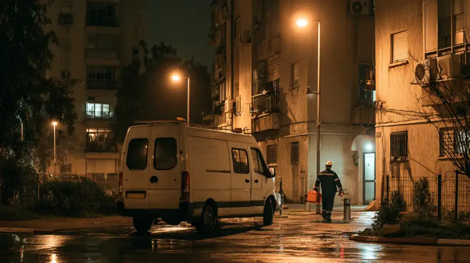 רכב שירות של אינסטלטור בלילה מול בניין מגורים