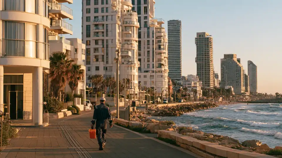 אינסטלטור הולך בטיילת ליד מגדלי מגורים על קו הים
