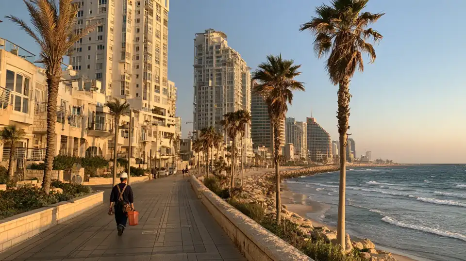 אינסטלטור הולך בטיילת ליד מגדלי מגורים על קו הים