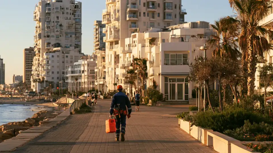 אינסטלטור הולך בטיילת ליד מגדלי מגורים על קו הים