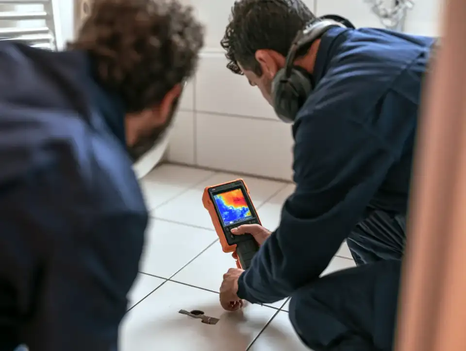 טכנאי סורק את רצפת חדר הרחצה עם מצלמה תרמית