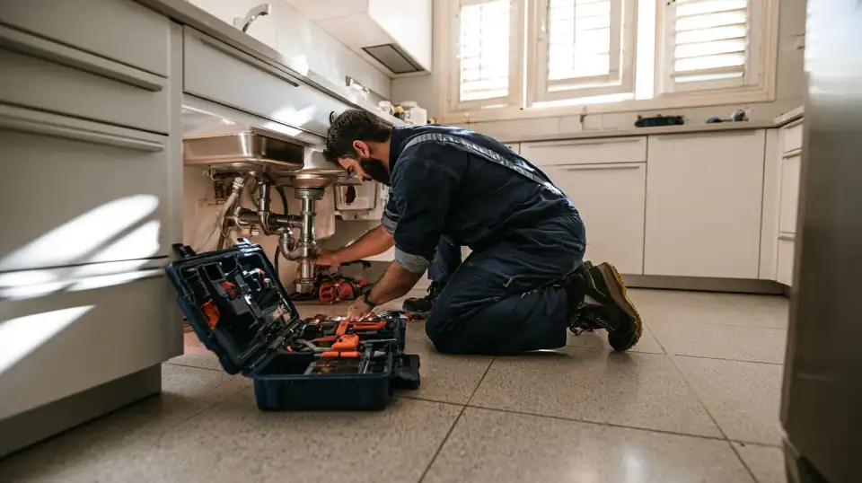 אינסטלטור מתקן צנרת מתחת לכיור המטבח